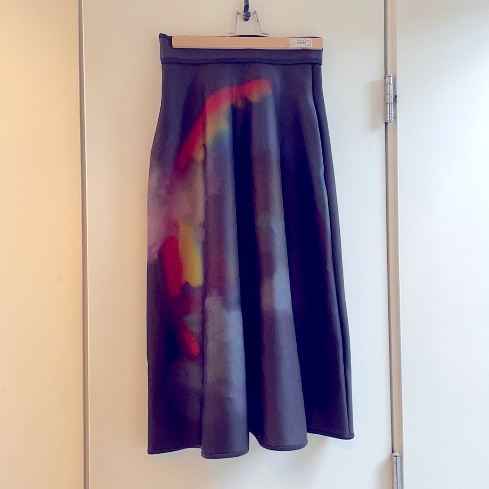 Over the rainbow! Scuba material skirt with rainbow design.